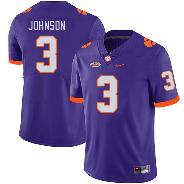 Men's Clemson Tigers Noble Johnson #3 College Purple NCAA Authentic Football Stitched Jersey 23RS30RE